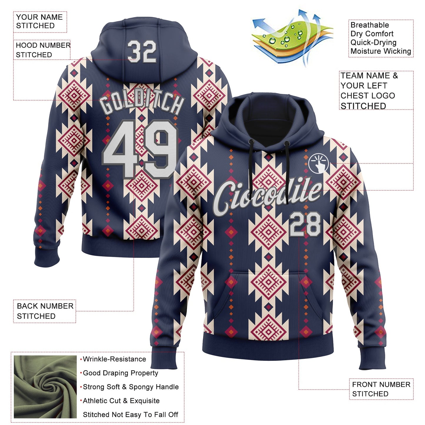 Custom Stitched Navy White Cream Red-Steel Gray 3D Mexico Aztec Pattern Sports Pullover Sweatshirt Hoodie view 2
