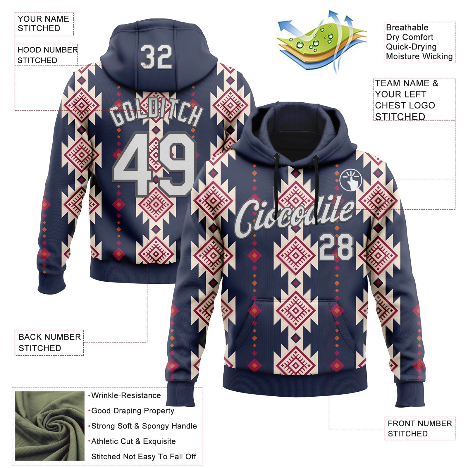Custom Stitched Navy White Cream Red-Steel Gray 3D Mexico Aztec Pattern Sports Pullover Sweatshirt Hoodie view 2