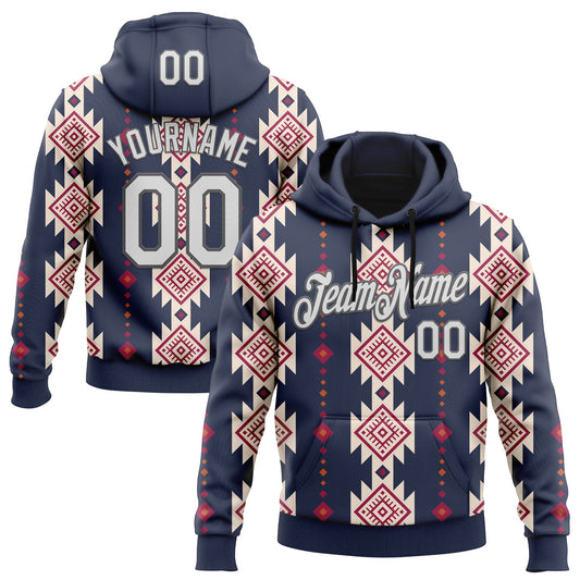 Custom Stitched Navy White Cream Red-Steel Gray 3D Mexico Aztec Pattern Sports Pullover Sweatshirt Hoodie - Main View