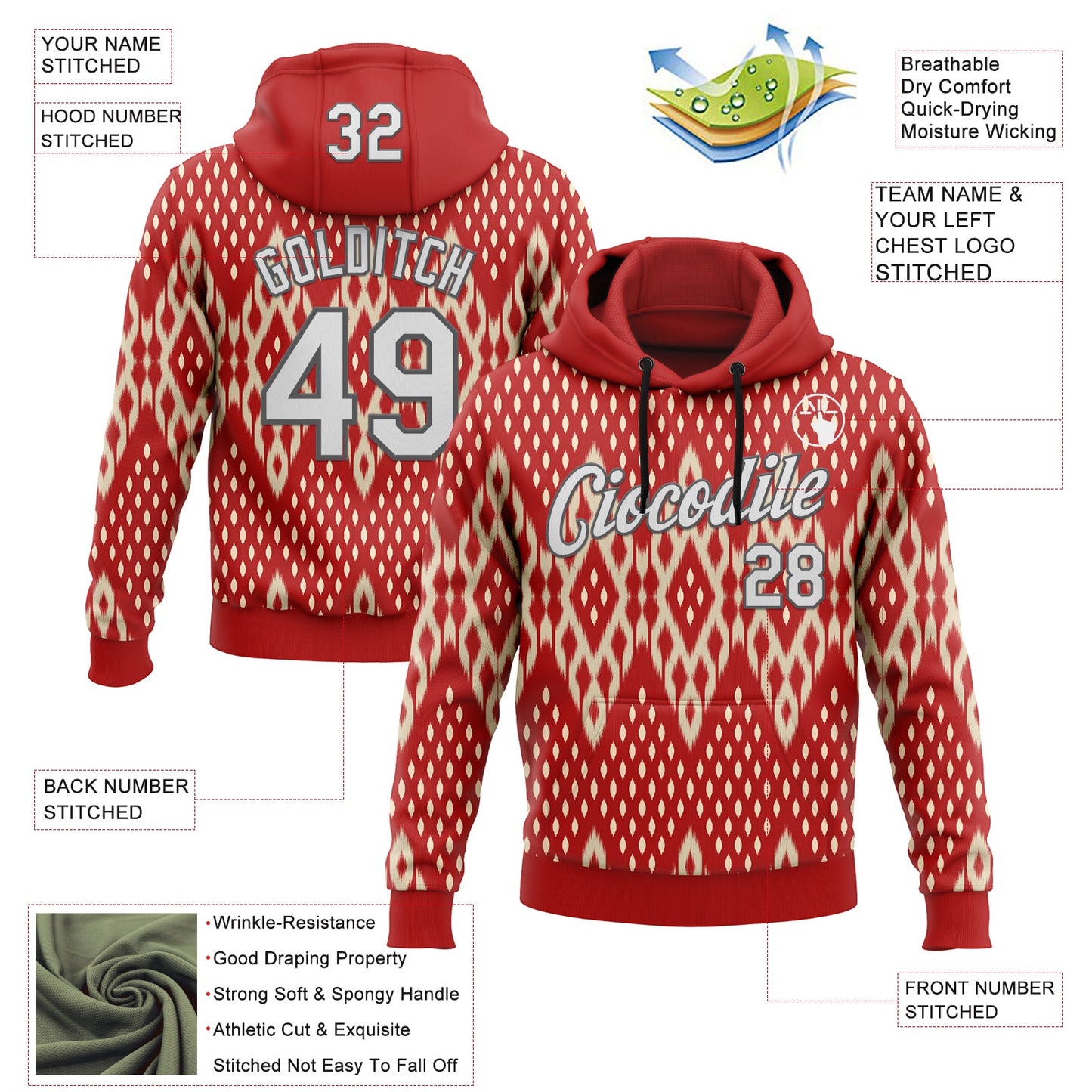 Custom Stitched Red White Cream-Steel Gray 3D Mexico Aztec Pattern Sports Pullover Sweatshirt Hoodie view 2