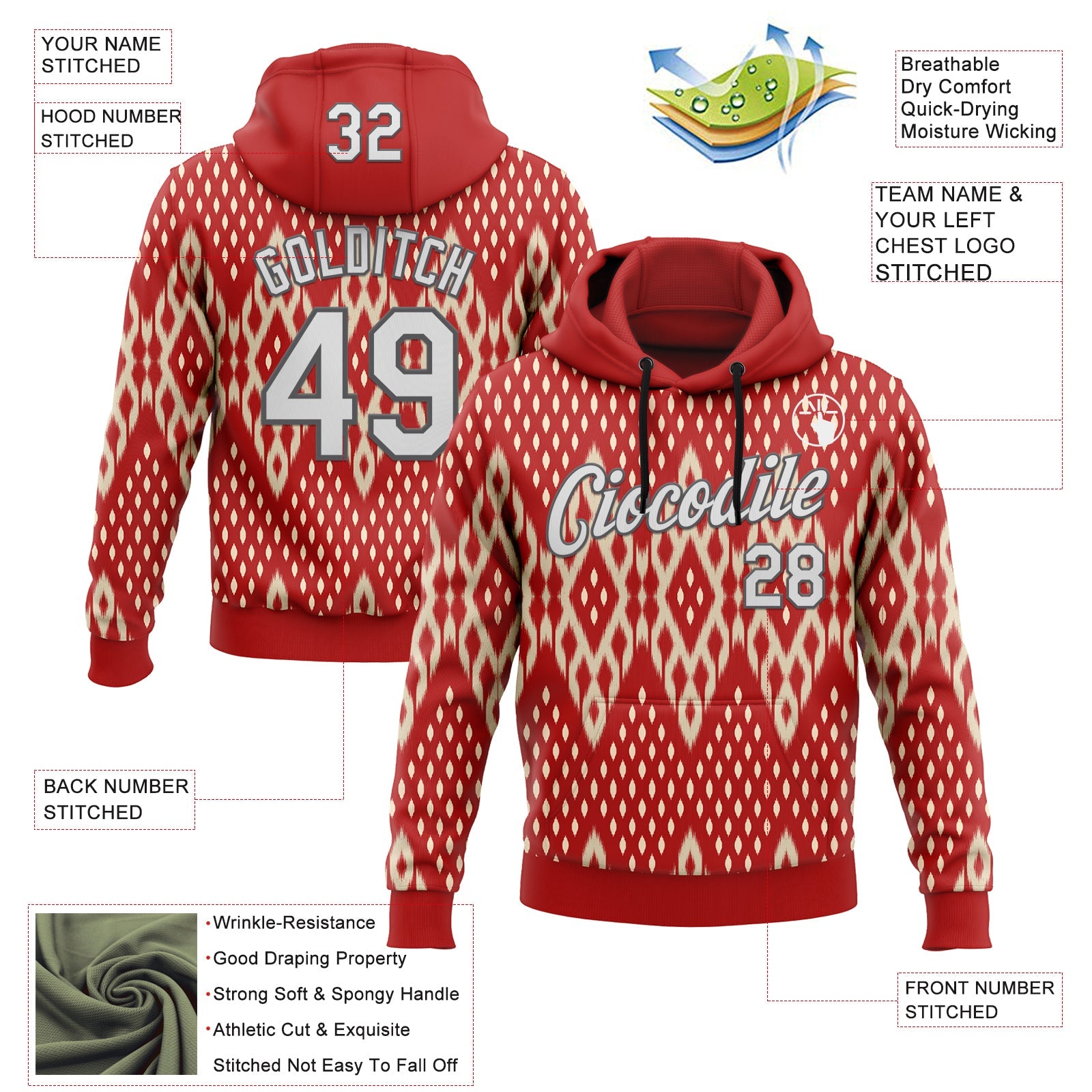 Custom Stitched Red White Cream-Steel Gray 3D Mexico Aztec Pattern Sports Pullover Sweatshirt Hoodie view 2