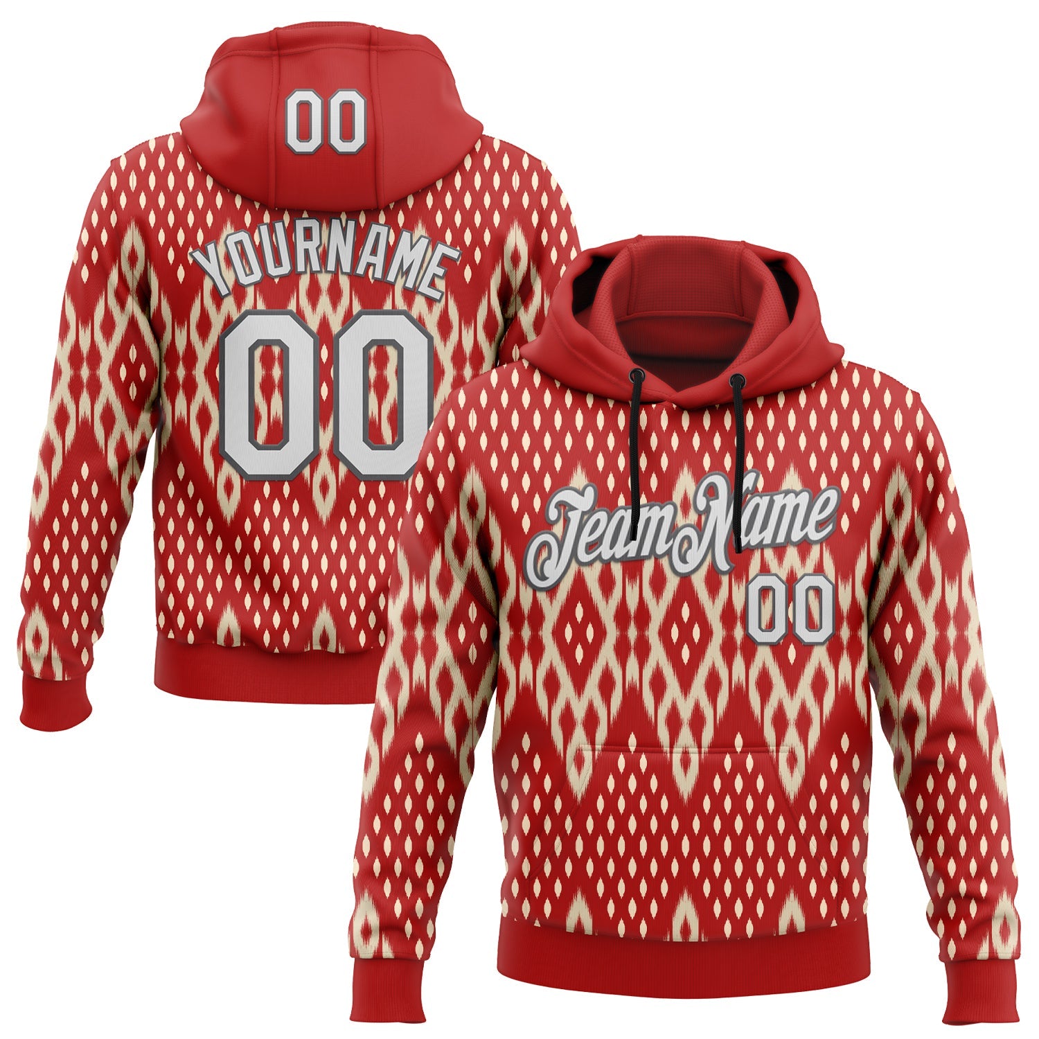 Custom Stitched Red White Cream-Steel Gray 3D Mexico Aztec Pattern Sports Pullover Sweatshirt Hoodie - Main View