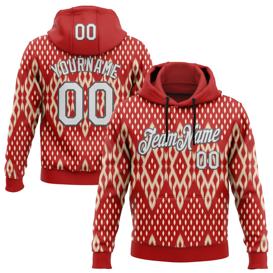 Custom Stitched Red White Cream-Steel Gray 3D Mexico Aztec Pattern Sports Pullover Sweatshirt Hoodie - Main View