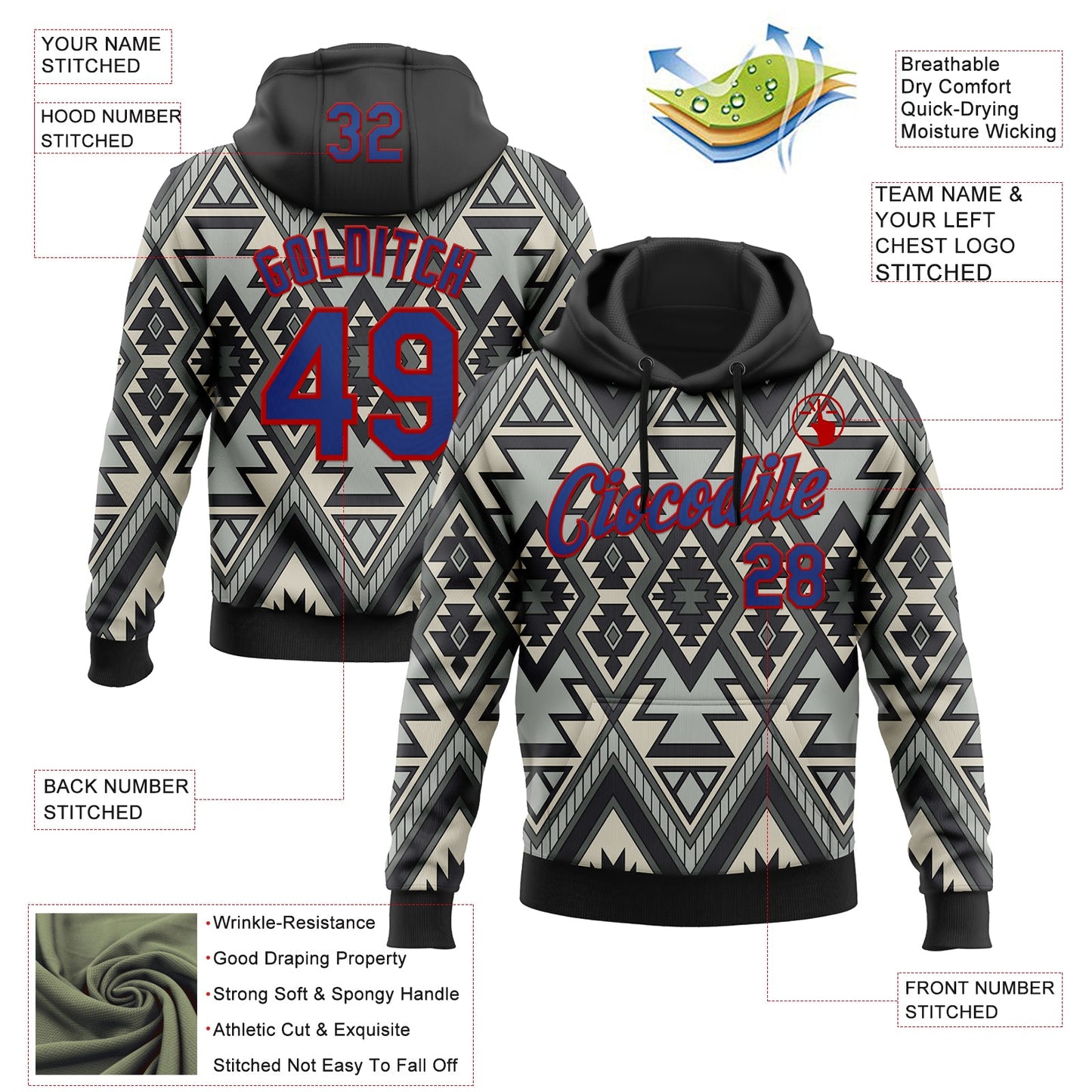 Custom Stitched Black Royal Gray-Red 3D Mexico Aztec Pattern Sports Pullover Sweatshirt Hoodie view 2