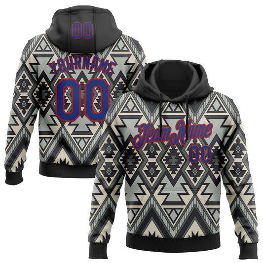 Custom Stitched Black Royal Gray-Red 3D Mexico Aztec Pattern Sports Pullover Sweatshirt Hoodie - Main View