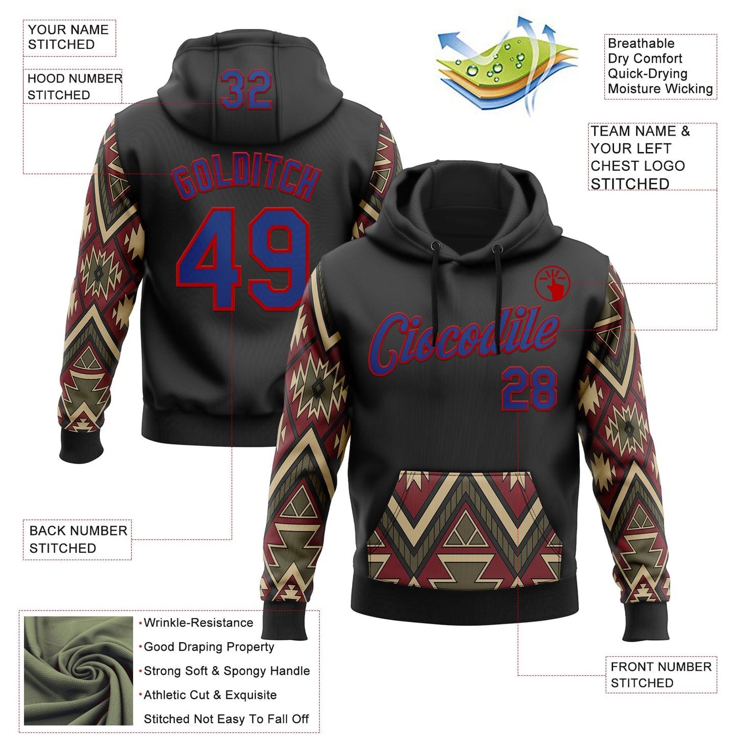 Custom Stitched Black Royal Cream Gray-Red 3D Mexico Aztec Pattern Sports Pullover Sweatshirt Hoodie view 2