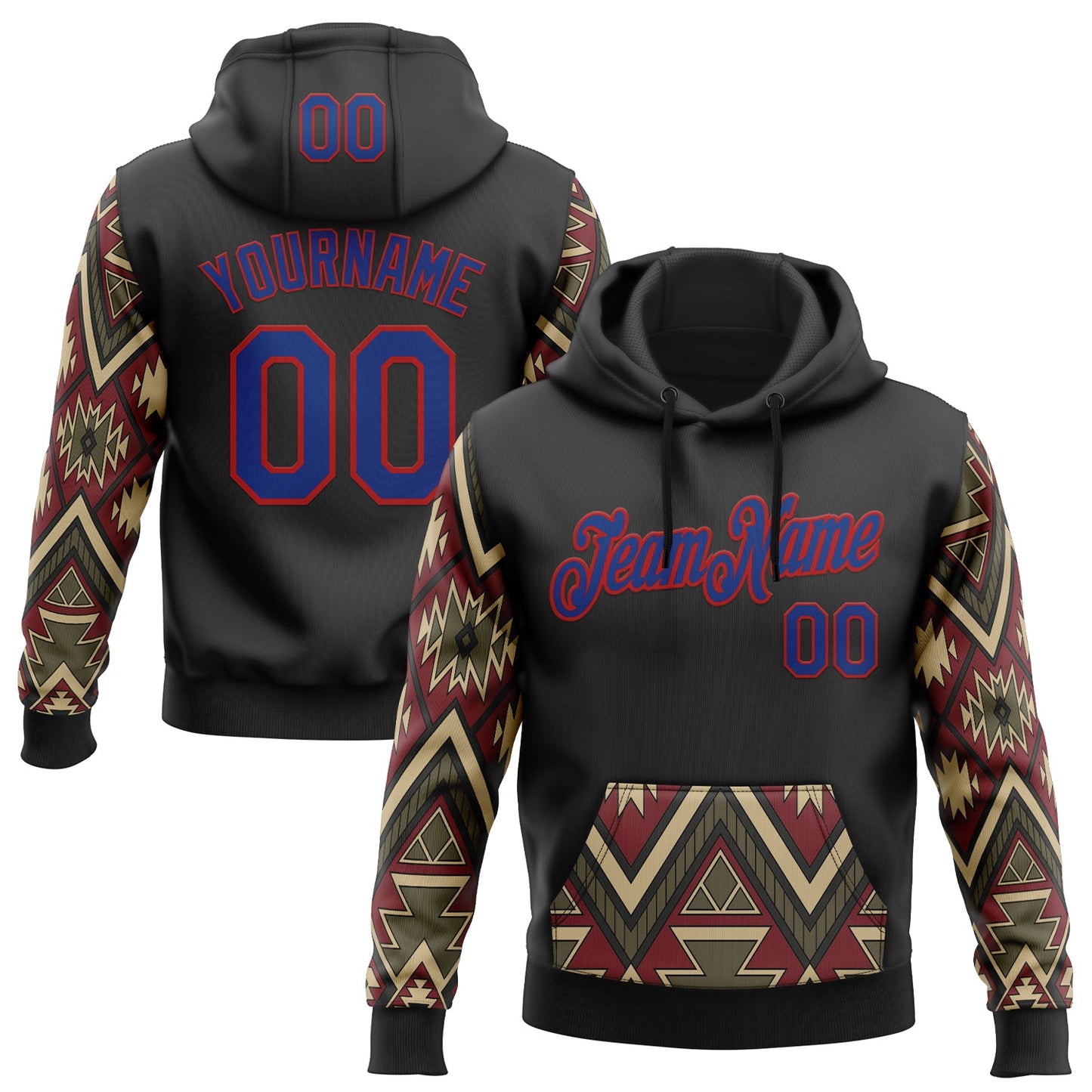 Custom Stitched Black Royal Cream Gray-Red 3D Mexico Aztec Pattern Sports Pullover Sweatshirt Hoodie - Main View