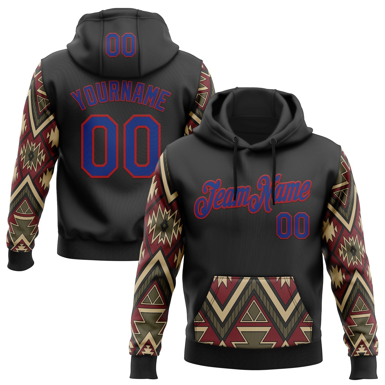 Custom Stitched Black Royal Cream Gray-Red 3D Mexico Aztec Pattern Sports Pullover Sweatshirt Hoodie - Main View