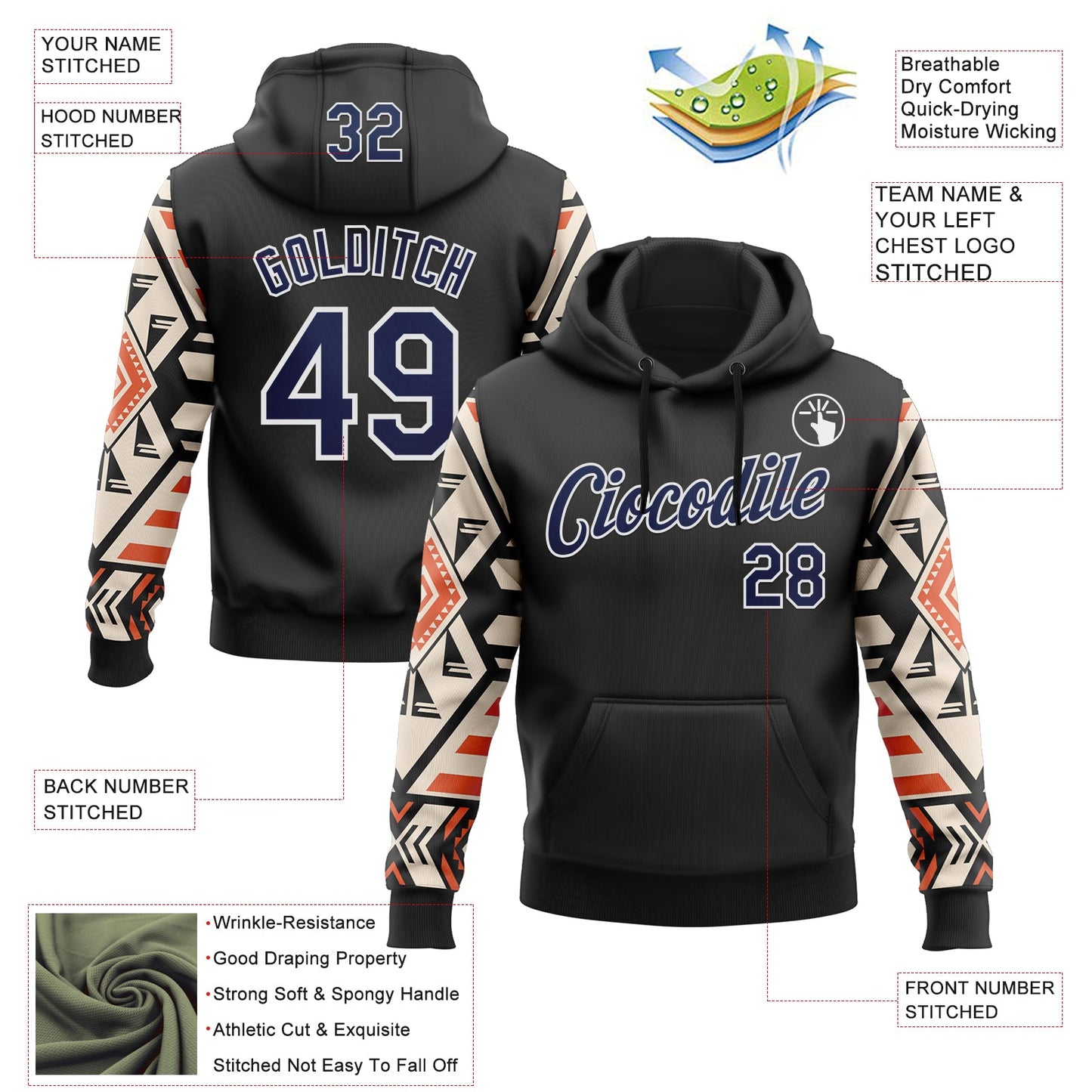Custom Stitched Black Navy Cream Orange-White 3D Mexico Aztec Pattern Sports Pullover Sweatshirt Hoodie view 2