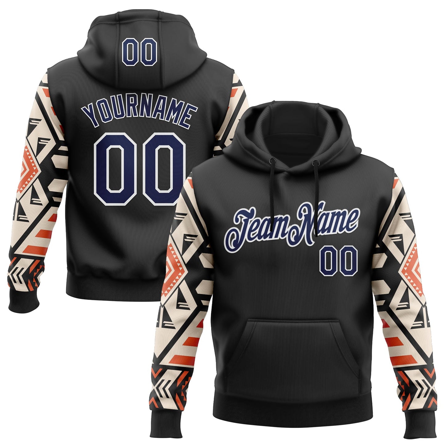 Custom Stitched Black Navy Cream Orange-White 3D Mexico Aztec Pattern Sports Pullover Sweatshirt Hoodie - Main View