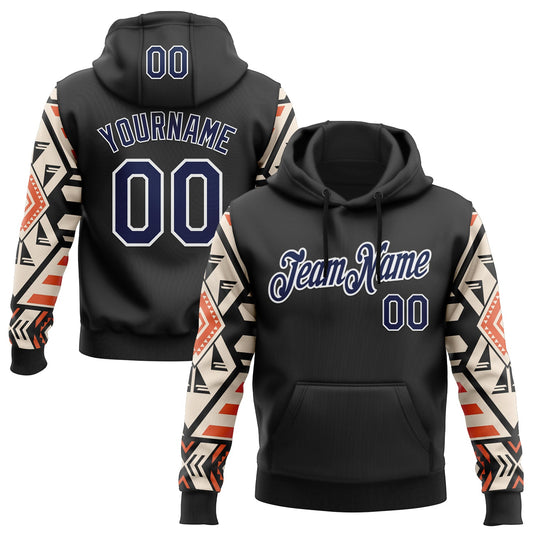 Custom Stitched Black Navy Cream Orange-White 3D Mexico Aztec Pattern Sports Pullover Sweatshirt Hoodie - Main View