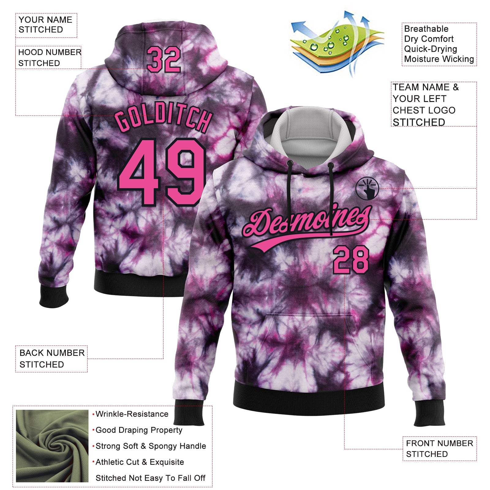 Custom Stitched Tie Dye Pink-Black 3D Sports Pullover Sweatshirt Hoodie view 2