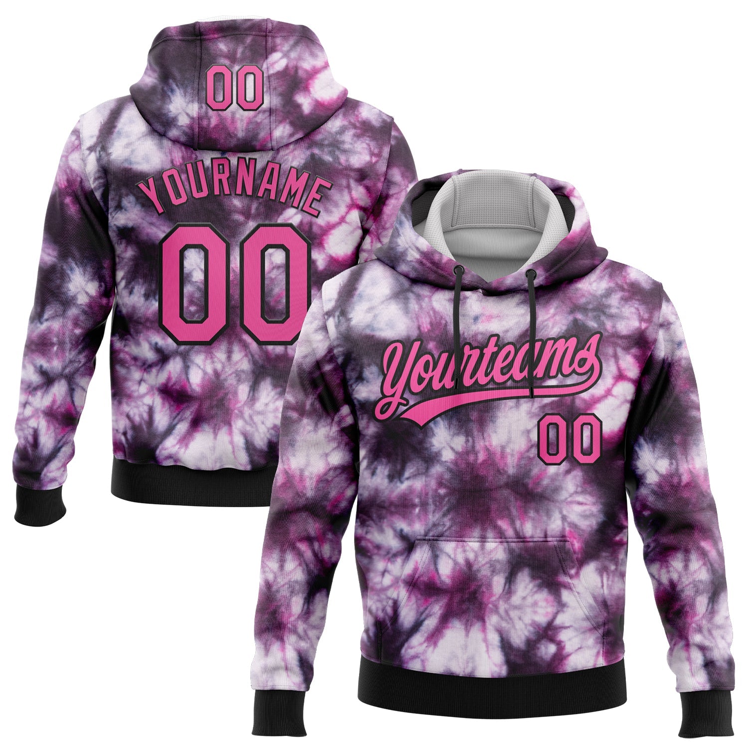 Custom Stitched Tie Dye Pink-Black 3D Sports Pullover Sweatshirt Hoodie - Main View