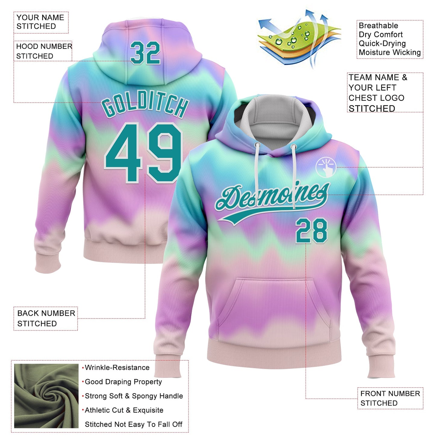 Custom Stitched Tie Dye Teal-White 3D Sports Pullover Sweatshirt Hoodie view 2