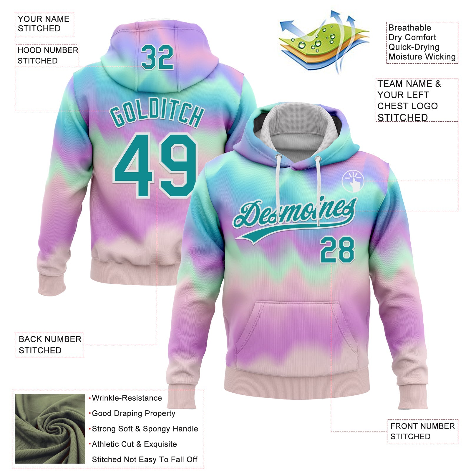 Custom Stitched Tie Dye Teal-White 3D Sports Pullover Sweatshirt Hoodie view 2