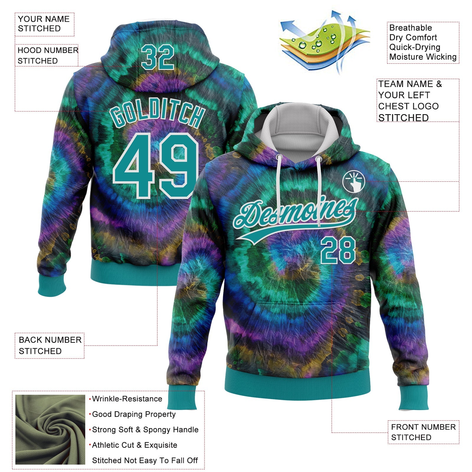 Custom Stitched Tie Dye Teal-White 3D Sports Pullover Sweatshirt Hoodie view 2