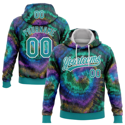 Custom Stitched Tie Dye Teal-White 3D Sports Pullover Sweatshirt Hoodie - Main View