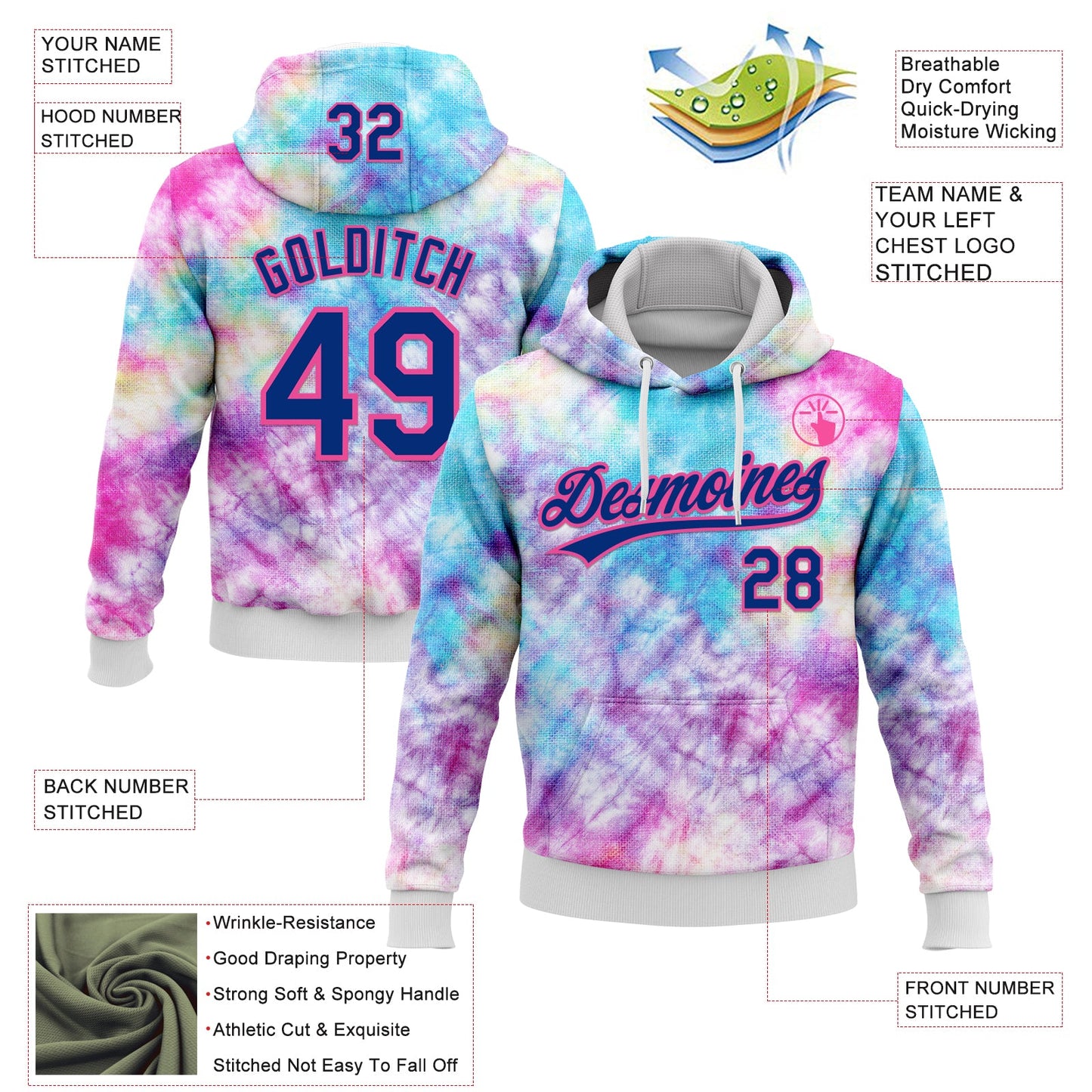 Custom Stitched Tie Dye Royal-Pink 3D Sports Pullover Sweatshirt Hoodie view 2