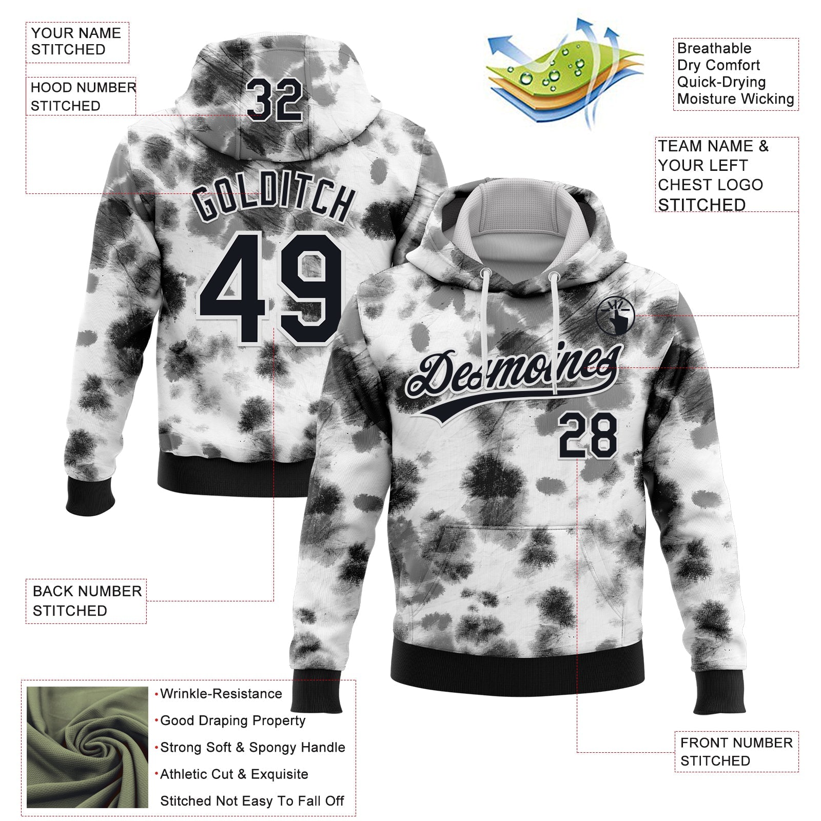 Custom Stitched Tie Dye Black-White 3D Sports Pullover Sweatshirt Hoodie view 2
