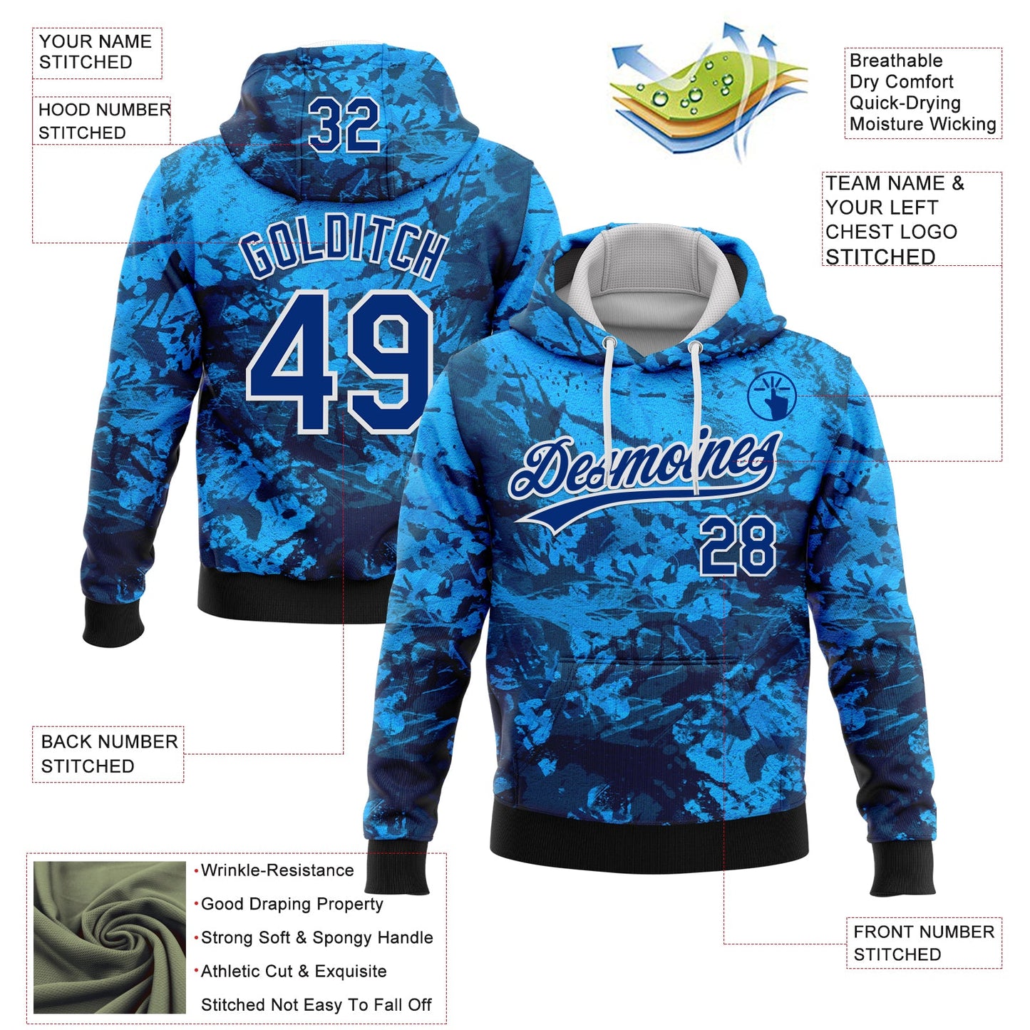 Custom Stitched Tie Dye Royal-White 3D Sports Pullover Sweatshirt Hoodie view 2