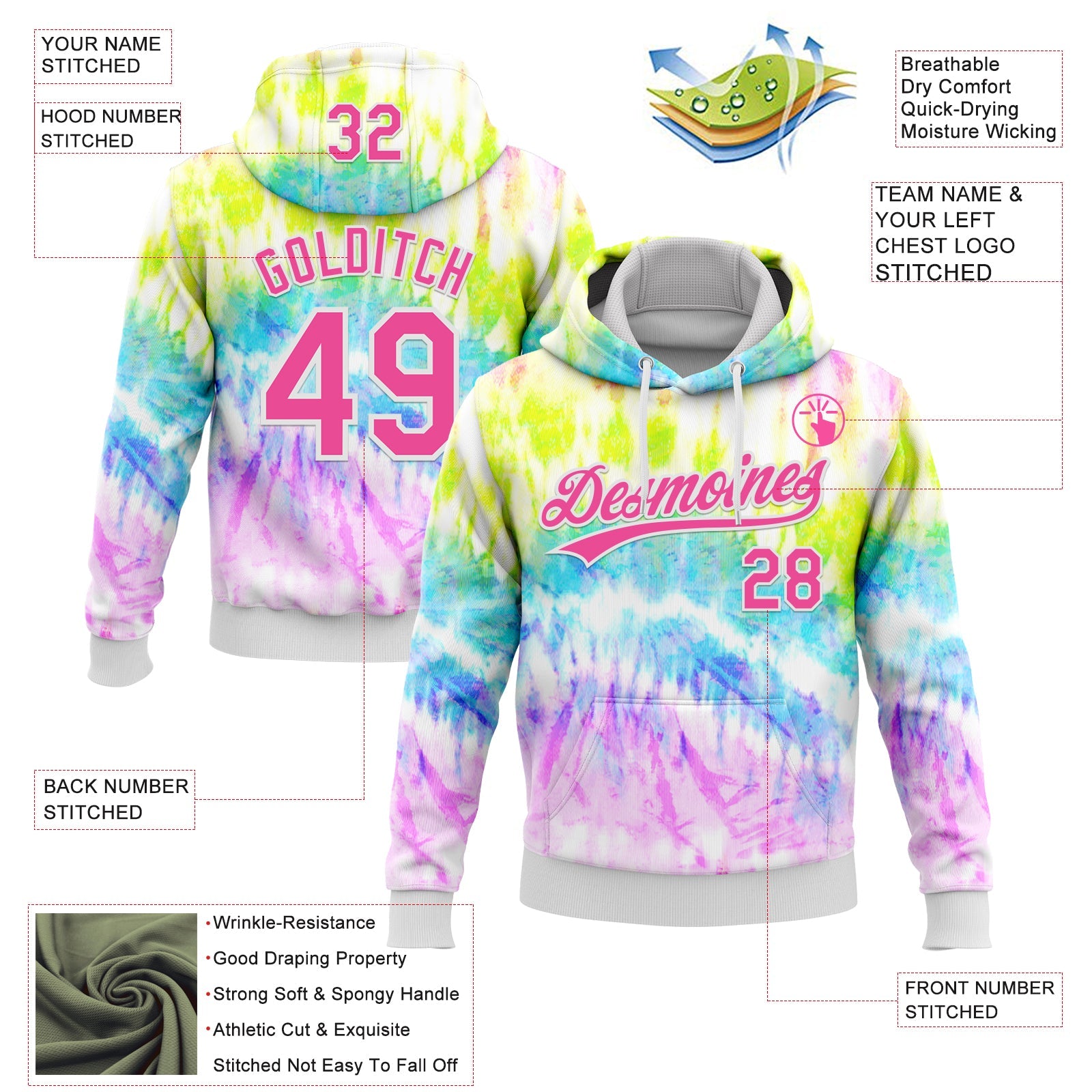 Custom Stitched Tie Dye Pink-White 3D Sports Pullover Sweatshirt Hoodie view 2