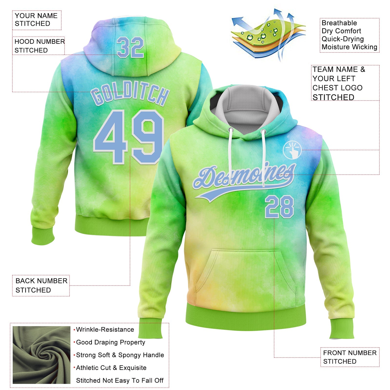 Custom Stitched Tie Dye Light Blue-White 3D Sports Pullover Sweatshirt Hoodie view 2