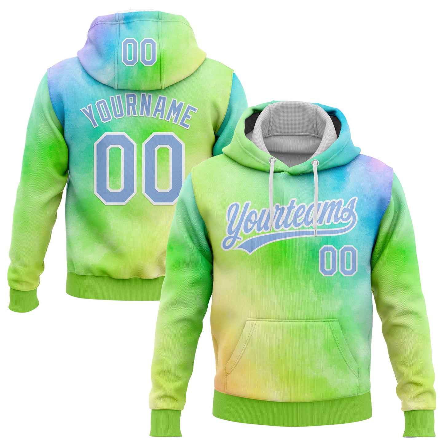 Custom Stitched Tie Dye Light Blue-White 3D Sports Pullover Sweatshirt Hoodie - Main View