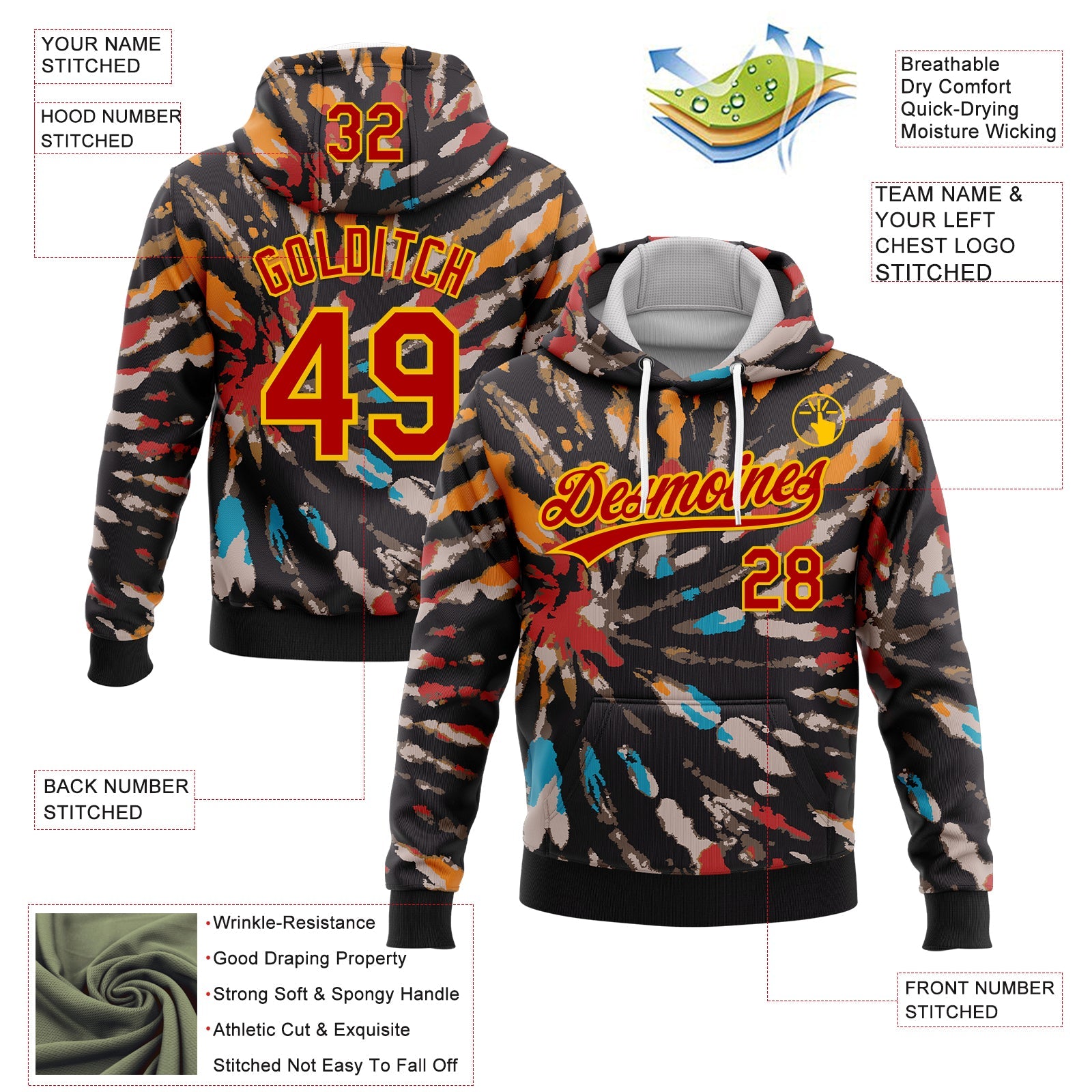 Custom Stitched Tie Dye Red-Yellow 3D Sports Pullover Sweatshirt Hoodie view 2