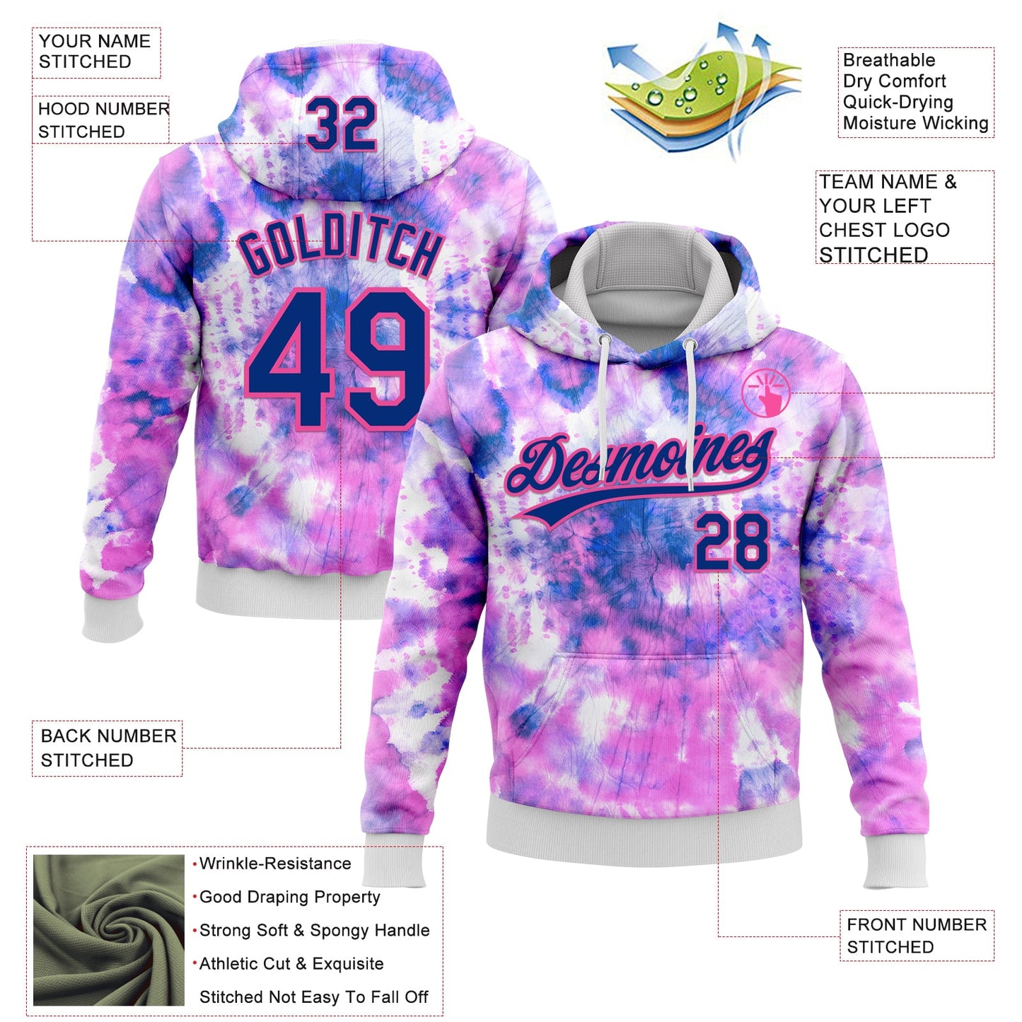 Custom Stitched Tie Dye Royal-Pink 3D Sports Pullover Sweatshirt Hoodie view 2