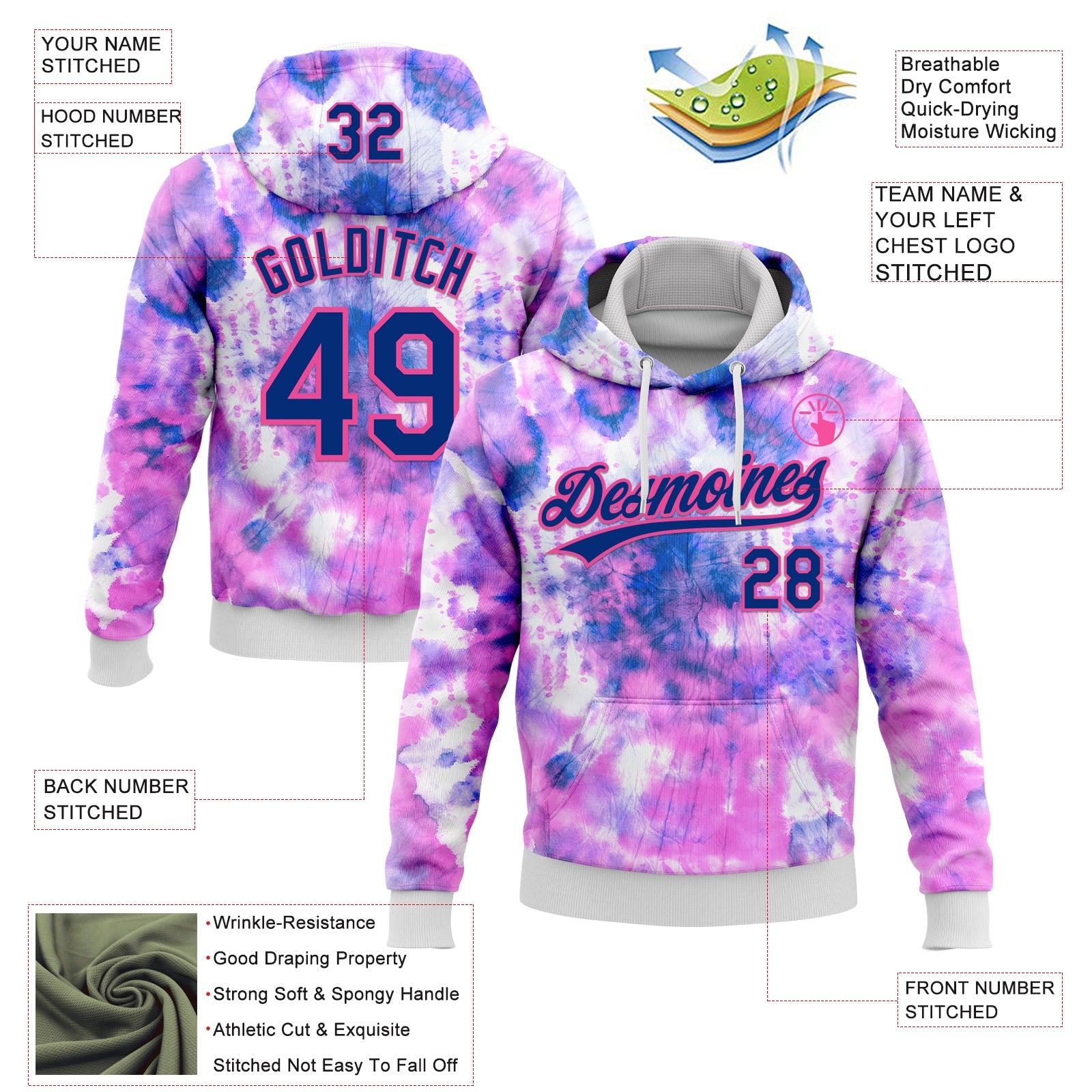 Custom Stitched Tie Dye Royal-Pink 3D Sports Pullover Sweatshirt Hoodie view 2