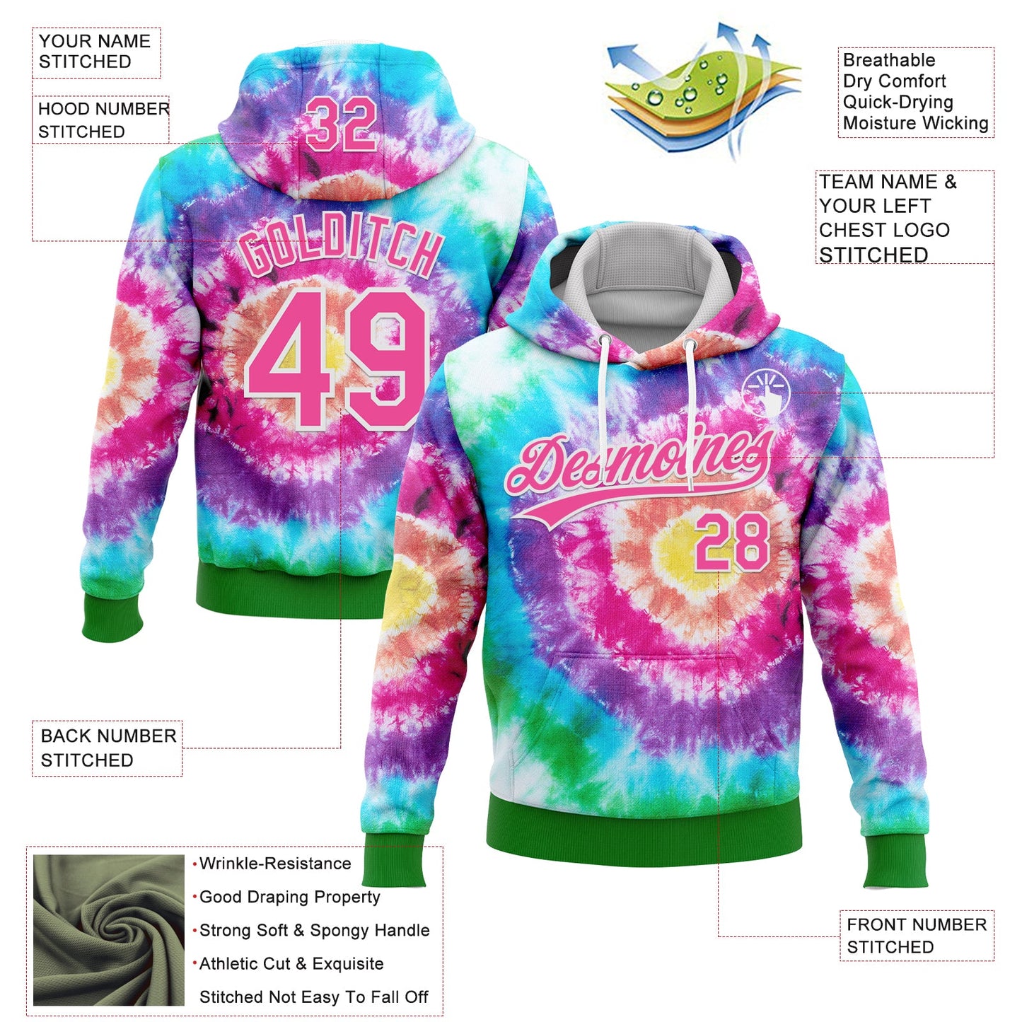 Custom Stitched Tie Dye Pink-White 3D Sports Pullover Sweatshirt Hoodie view 2