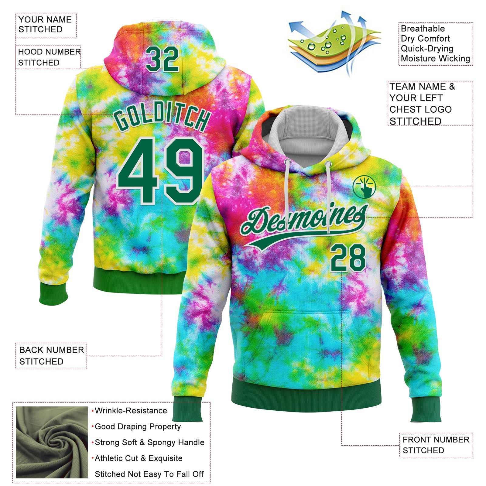 Custom Stitched Tie Dye Kelly Green-White 3D Sports Pullover Sweatshirt Hoodie view 2