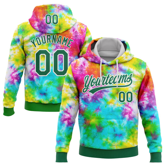 Custom Stitched Tie Dye Kelly Green-White 3D Sports Pullover Sweatshirt Hoodie - Main View