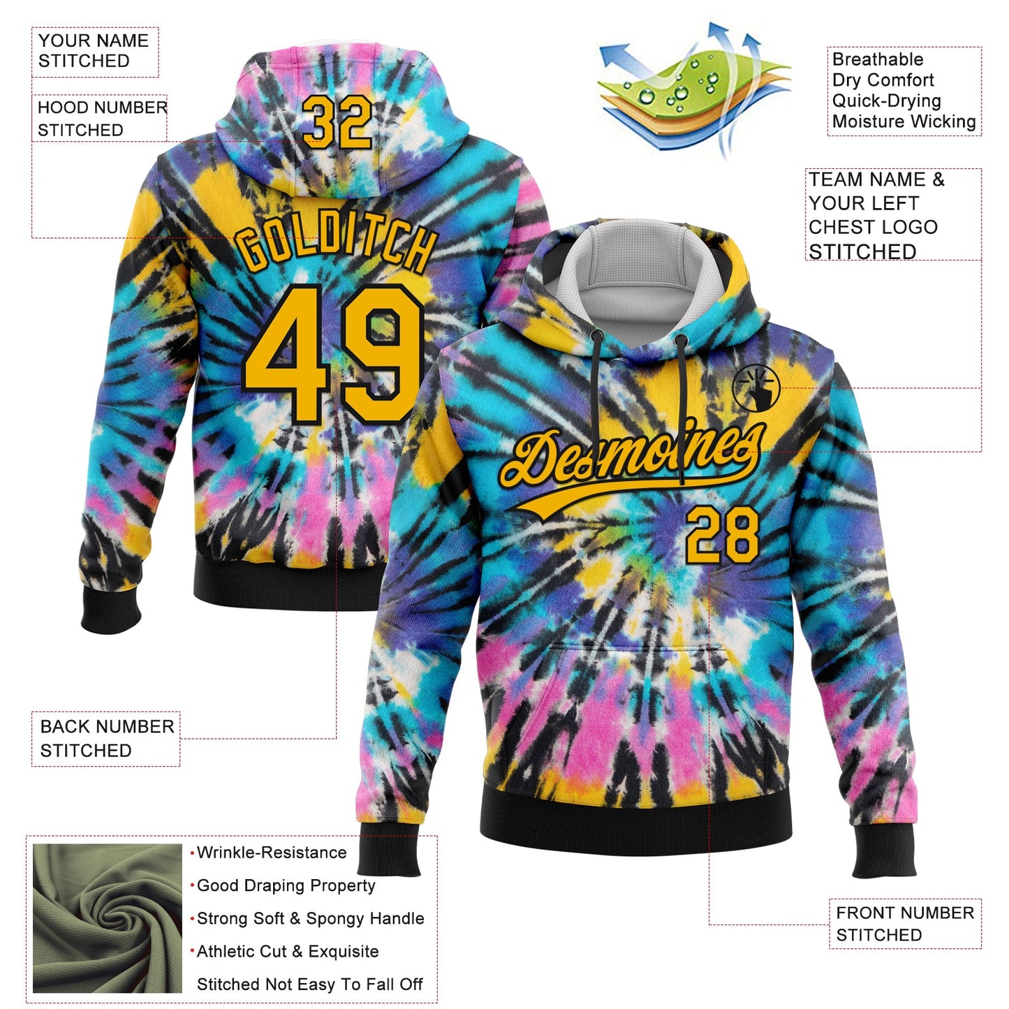 Custom Stitched Tie Dye Gold-Black 3D Sports Pullover Sweatshirt Hoodie view 2