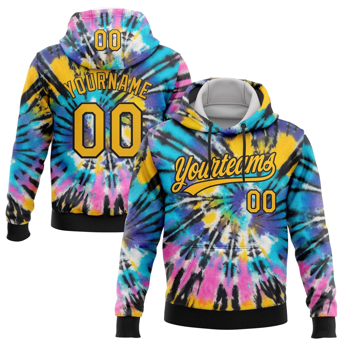 Custom Stitched Tie Dye Gold-Black 3D Sports Pullover Sweatshirt Hoodie - Main View
