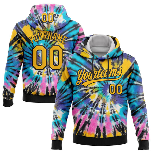 Custom Stitched Tie Dye Gold-Black 3D Sports Pullover Sweatshirt Hoodie - Main View