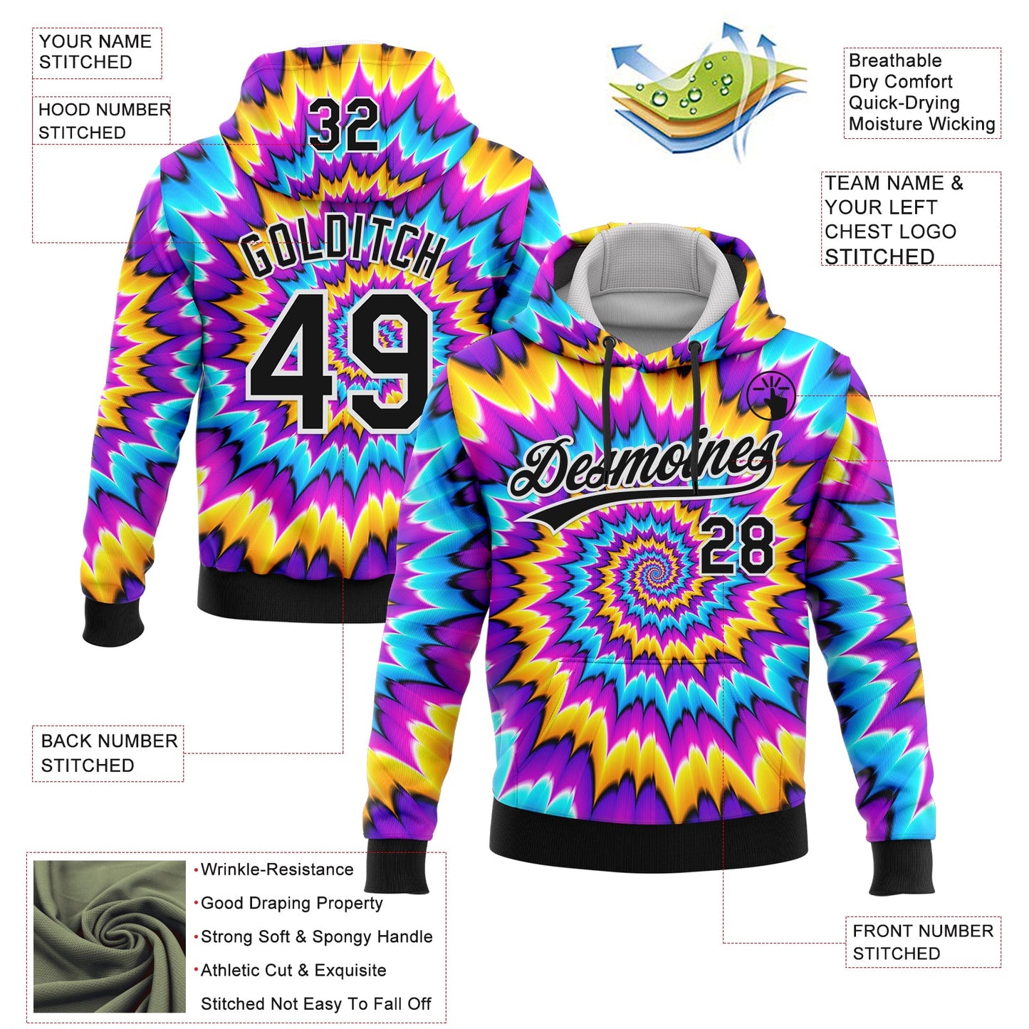 Custom Stitched Tie Dye Black-White 3D Sports Pullover Sweatshirt Hoodie view 2