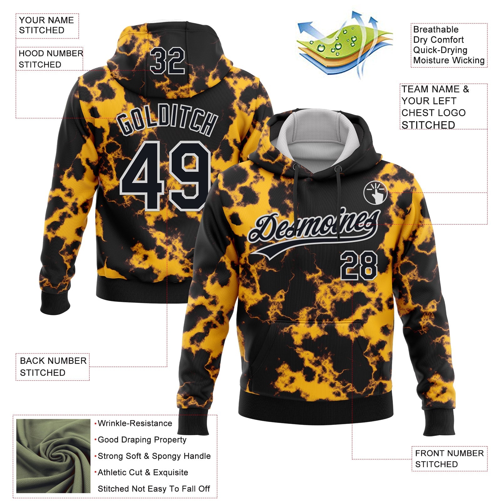 Custom Stitched Tie Dye Black-White 3D Sports Pullover Sweatshirt Hoodie view 2
