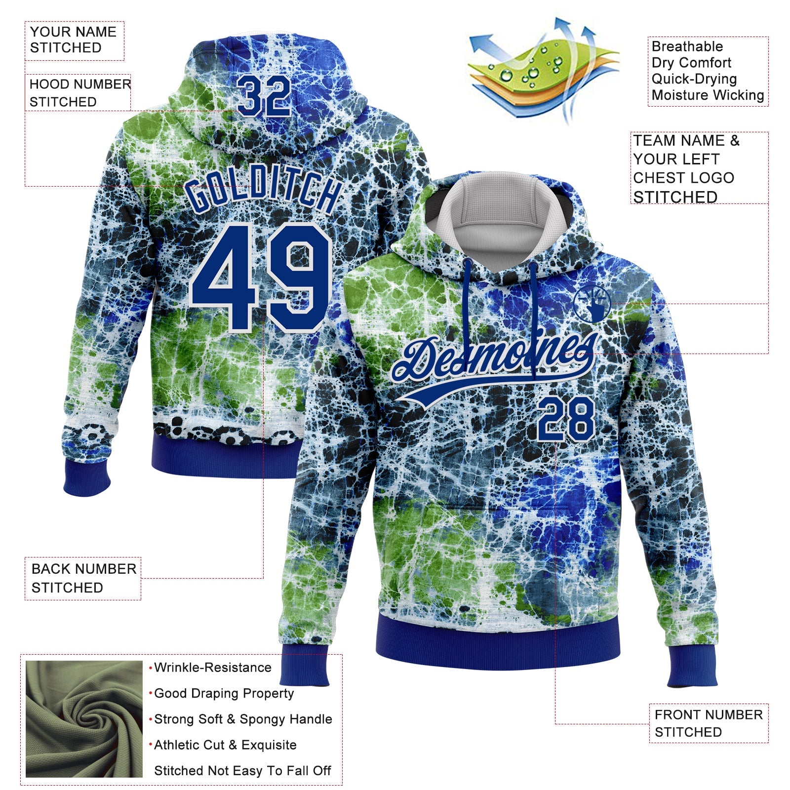 Custom Stitched Tie Dye Royal-White 3D Sports Pullover Sweatshirt Hoodie view 2