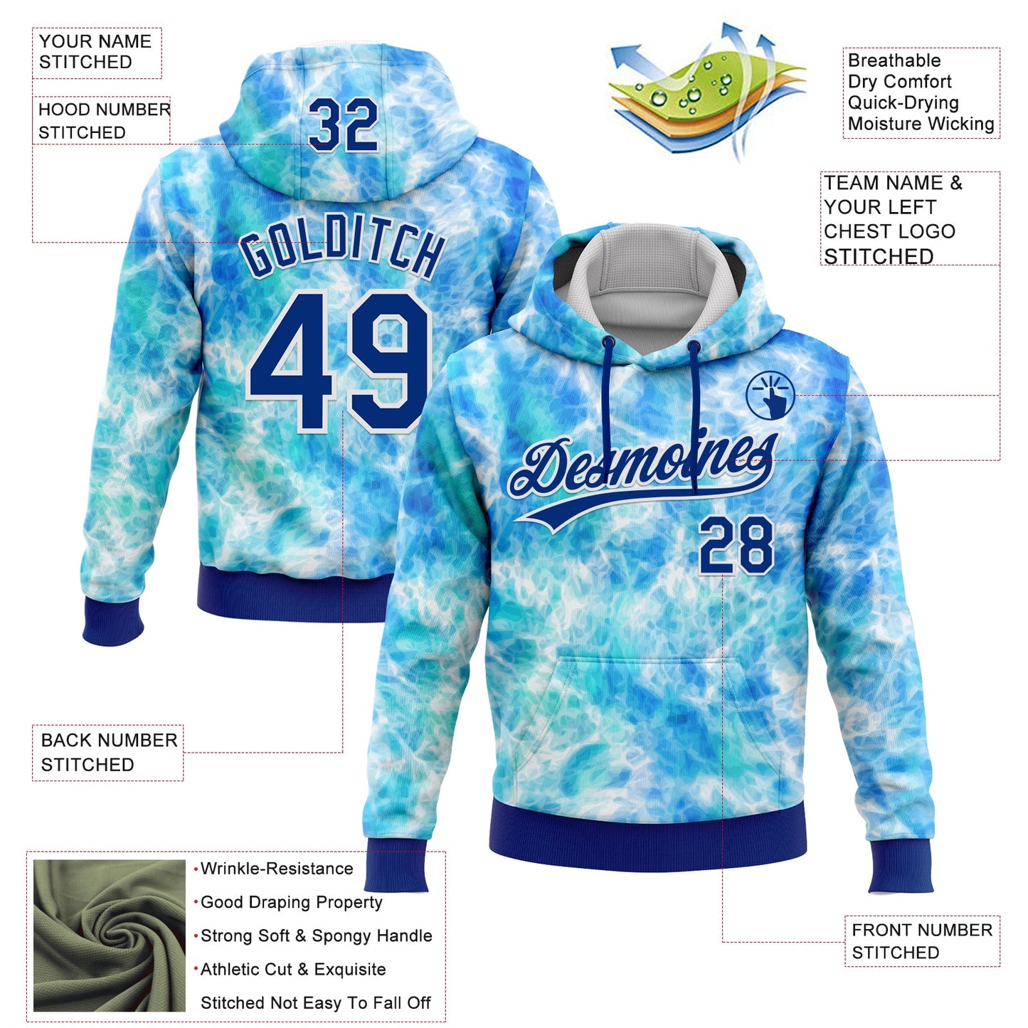 Custom Stitched Tie Dye Royal-White 3D Sports Pullover Sweatshirt Hoodie view 2