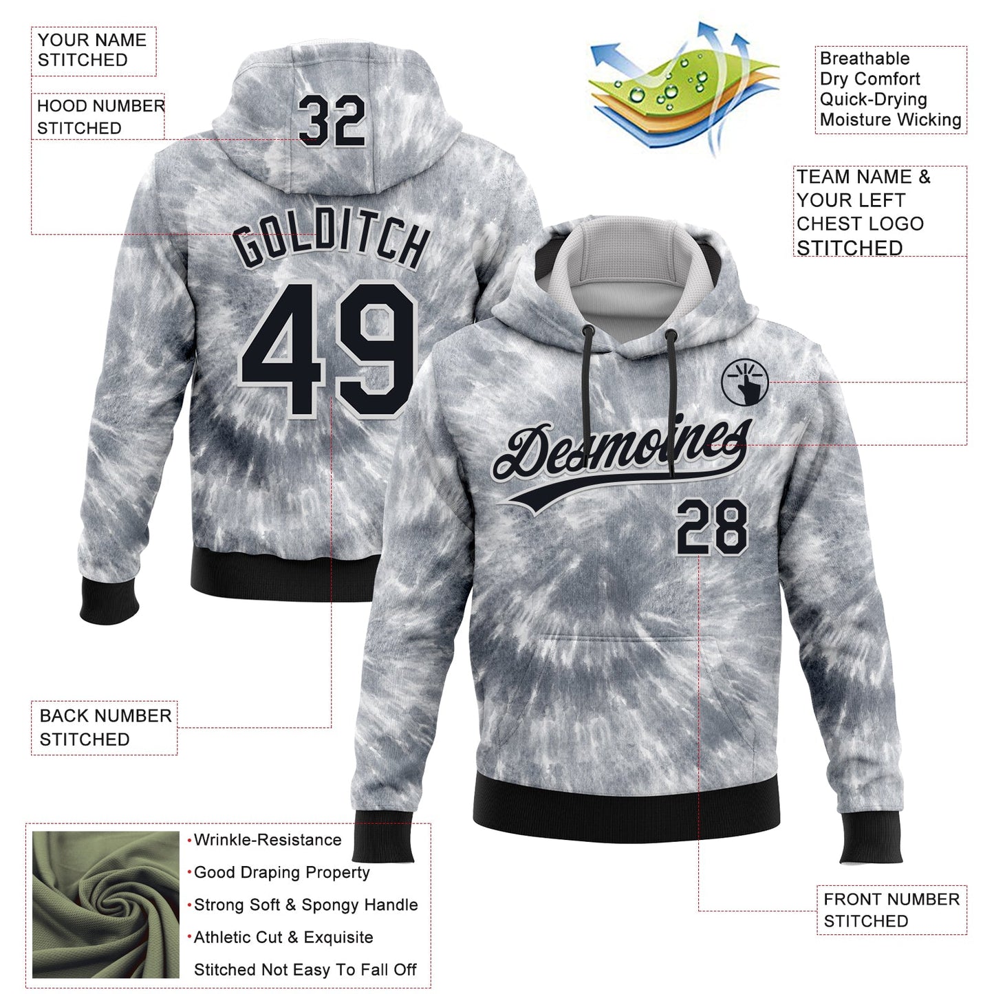 Custom Stitched Tie Dye Black-White 3D Sports Pullover Sweatshirt Hoodie view 2