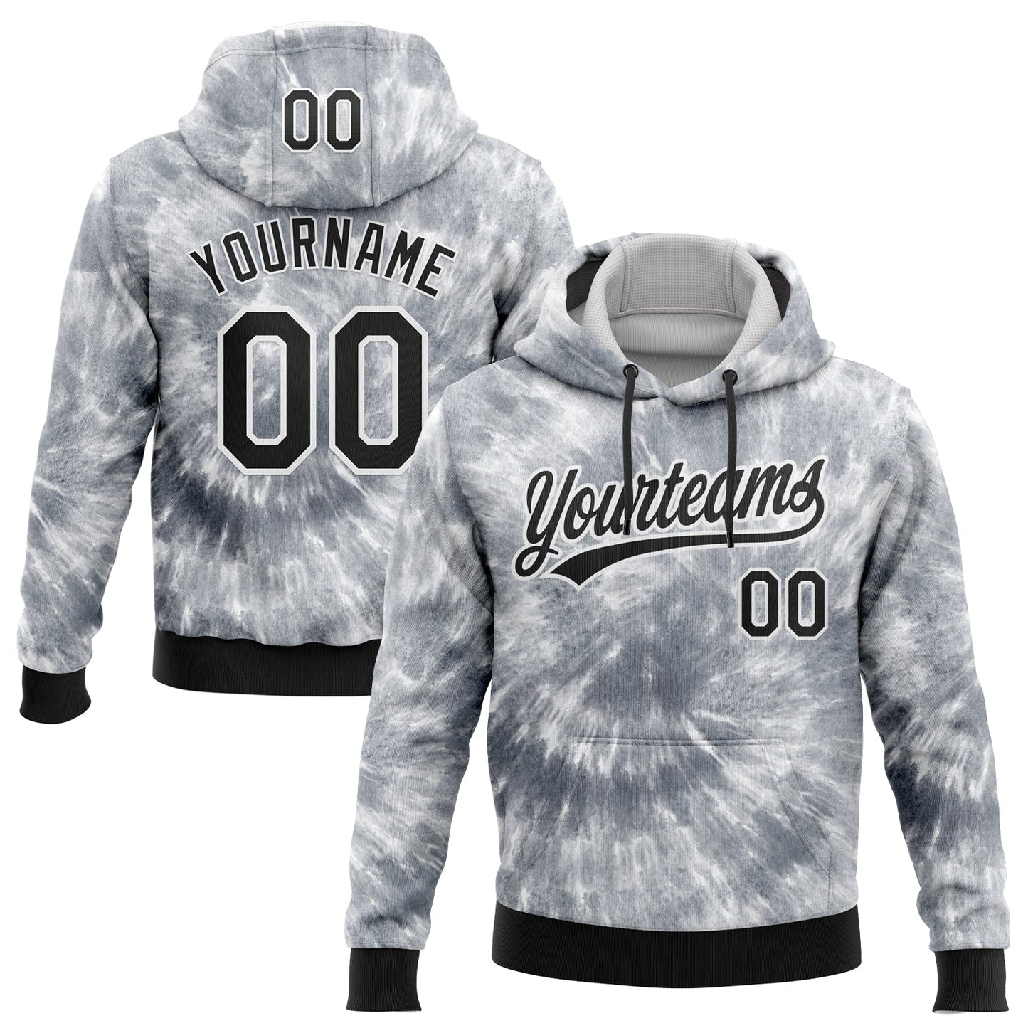Custom Stitched Tie Dye Black-White 3D Sports Pullover Sweatshirt Hoodie - Main View