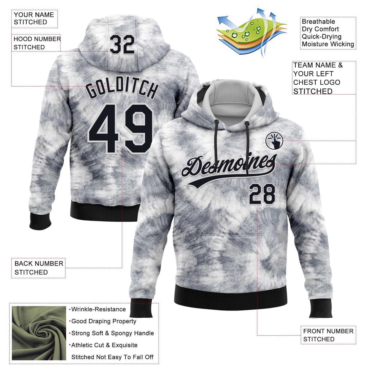 Custom Stitched Tie Dye Black-White 3D Sports Pullover Sweatshirt Hoodie view 2