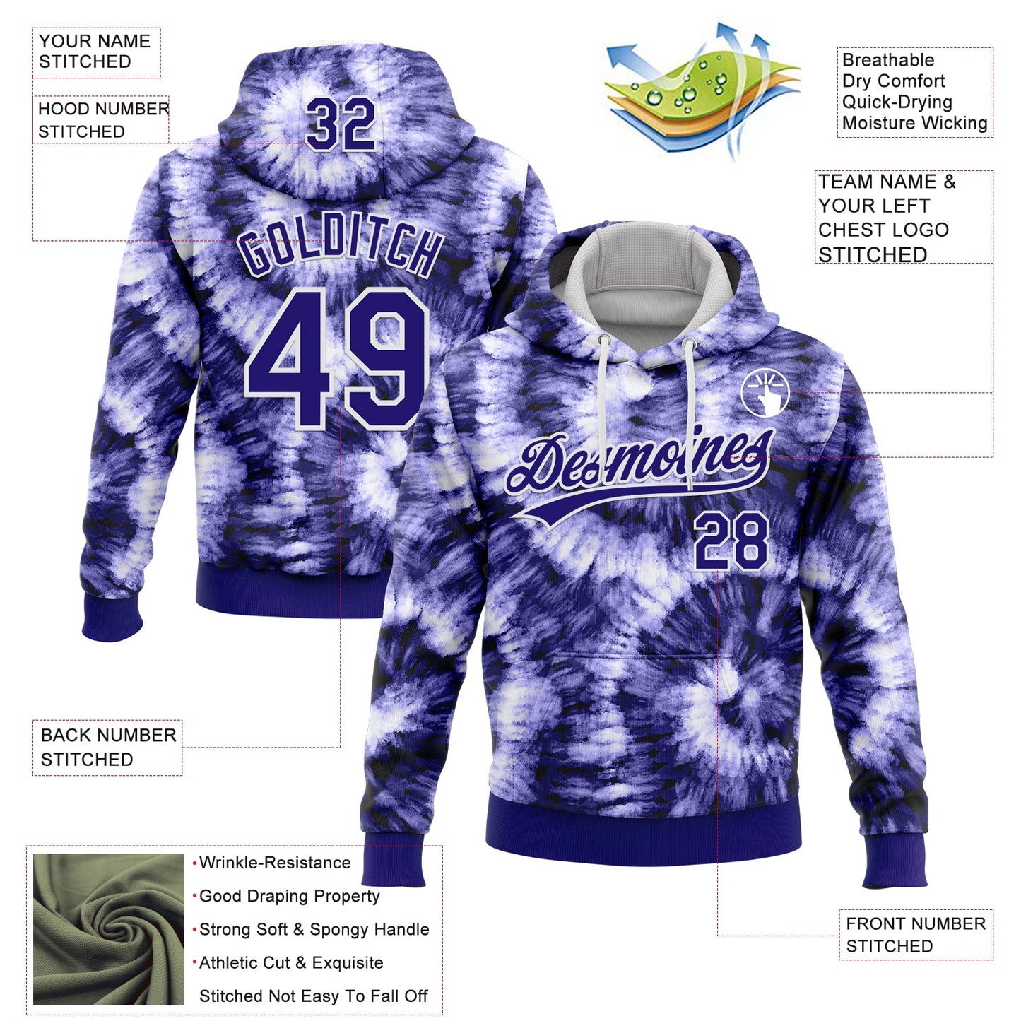 Custom Stitched Tie Dye Dark Purple-White 3D Sports Pullover Sweatshirt Hoodie view 2