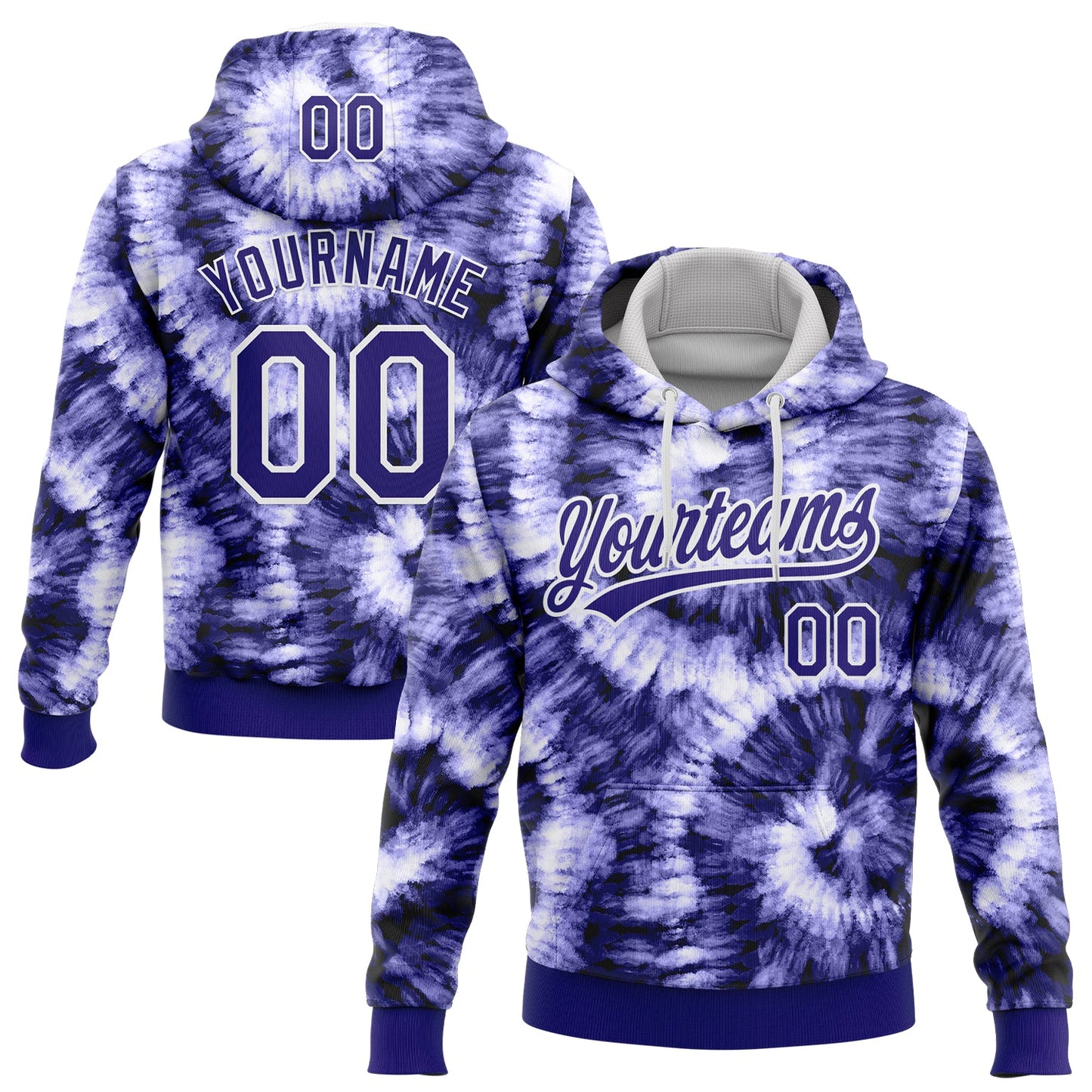 Custom Stitched Tie Dye Dark Purple-White 3D Sports Pullover Sweatshirt Hoodie - Main View