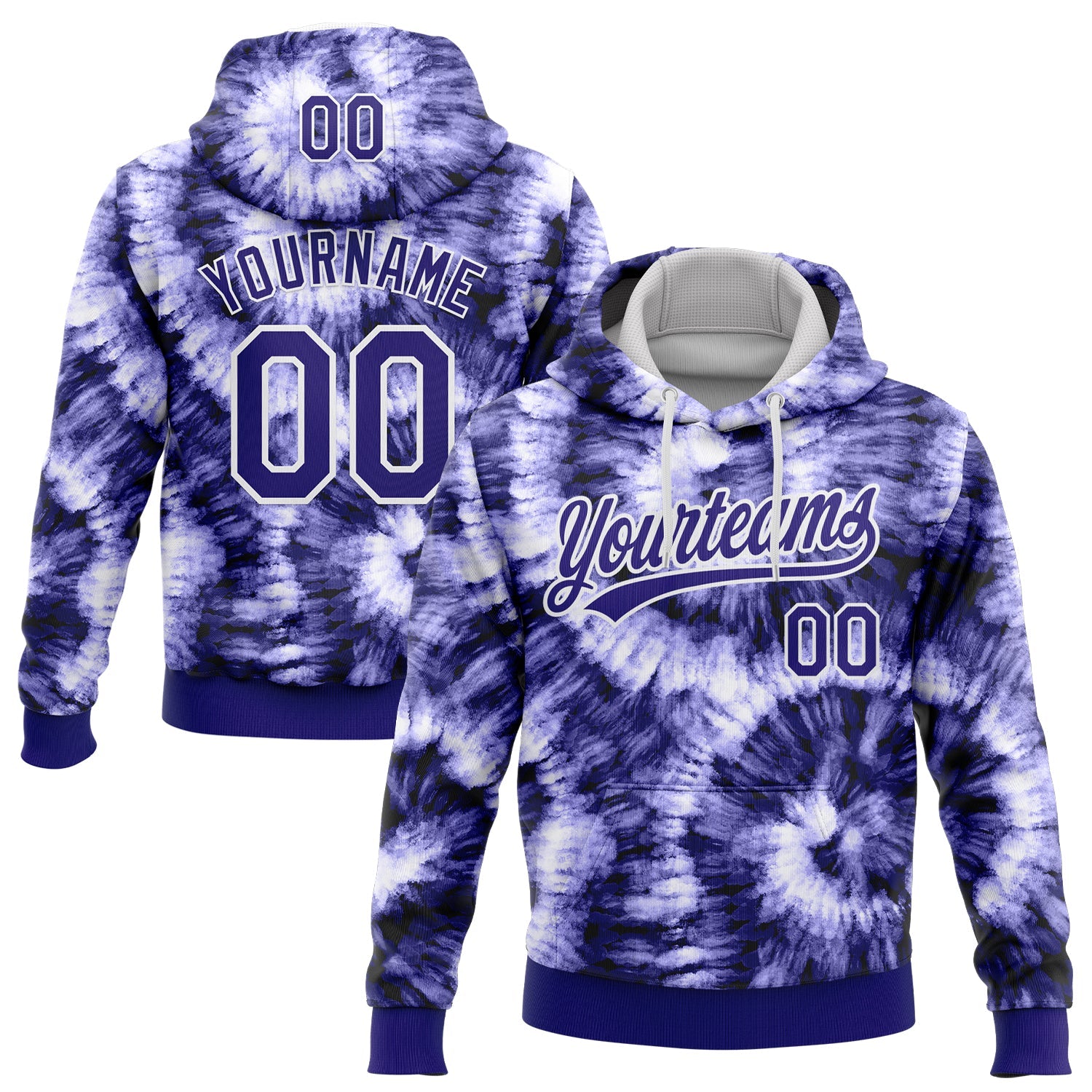 Custom Stitched Tie Dye Dark Purple-White 3D Sports Pullover Sweatshirt Hoodie - Main View