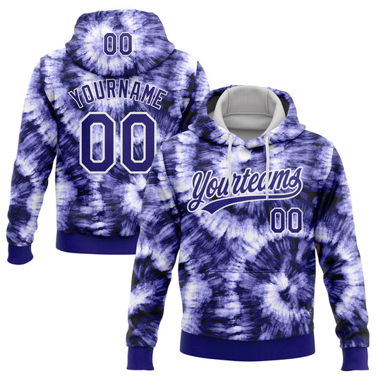 Custom Stitched Tie Dye Dark Purple-White 3D Sports Pullover Sweatshirt Hoodie - Main View