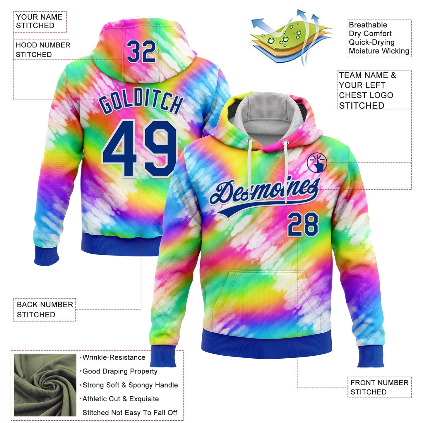 Custom Stitched Tie Dye Thunder Blue-White 3D Sports Pullover Sweatshirt Hoodie view 2