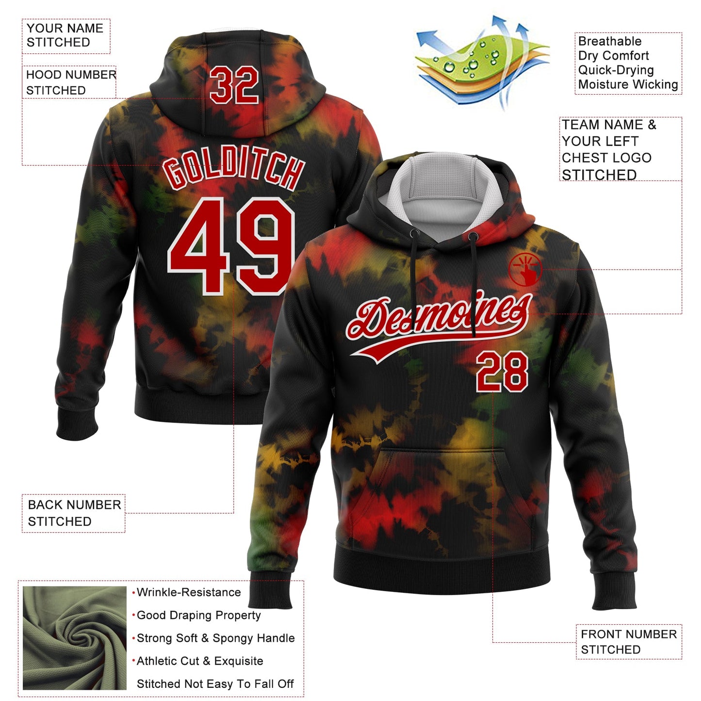 Custom Stitched Tie Dye Red-White 3D Sports Pullover Sweatshirt Hoodie view 2
