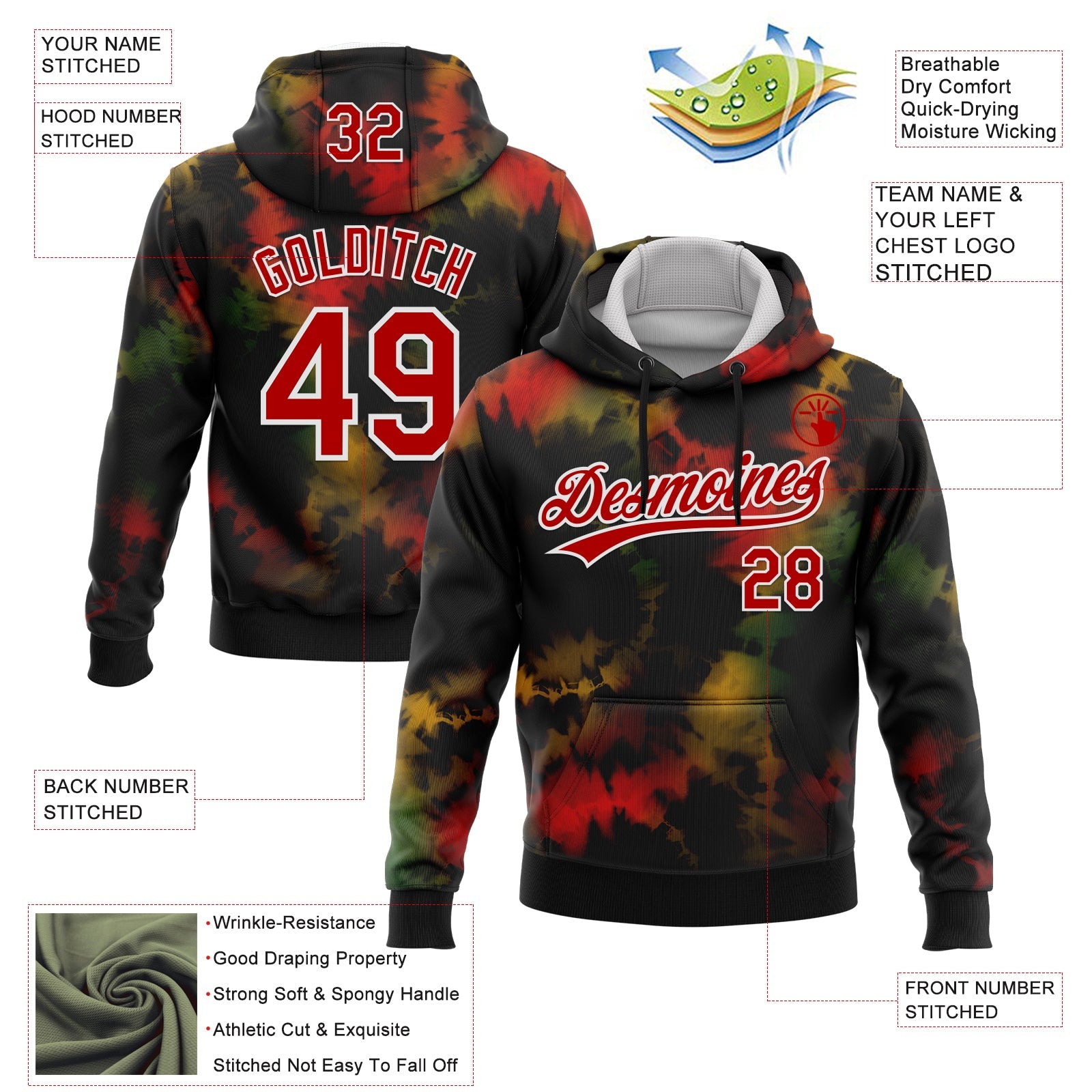 Custom Stitched Tie Dye Red-White 3D Sports Pullover Sweatshirt Hoodie view 2